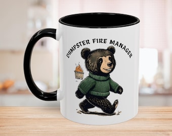 Coffee Mug, Funny Manager Gift, Bear in Sweater, Dumpster Fire, Unique Office Mug, Sarcastic Coworker Gift, 15oz Mug