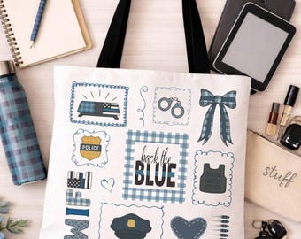 Bolsa de tela con los iconos de la policía azul / Apoyo a las esposas de las fuerzas del orden