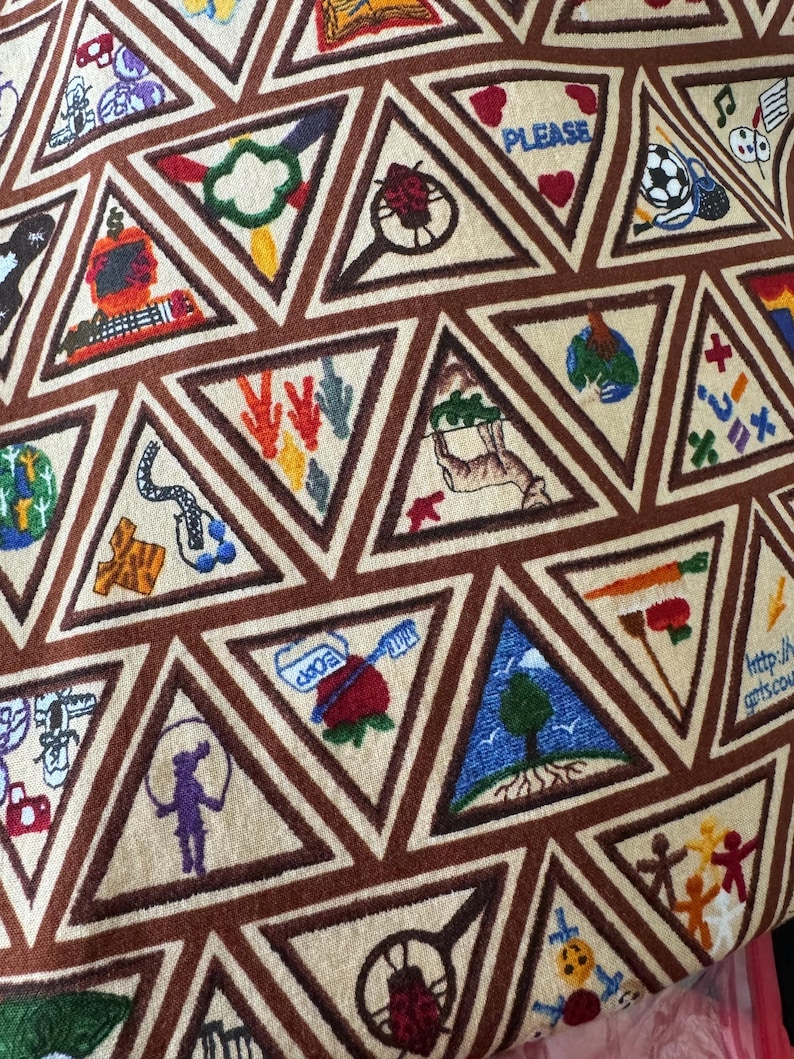 Puede incluir: Primer plano de una tela con un patr&oacute;n repetido de tri&aacute;ngulos bordados. Cada tri&aacute;ngulo contiene un dise&ntilde;o colorido diferente, incluyendo corazones, un bal&oacute;n de f&uacute;tbol y un &aacute;rbol. Los tri&aacute;ngulos est&aacute;n delineados en marr&oacute;n sobre un fondo beige.