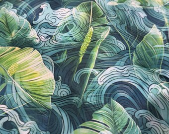 May include: A digitally created pattern showing stylized waves and tropical leaves in teal, blue, and green. The design has a flowing, organic feel, with detailed linework creating depth and texture. The overall theme is nature-inspired.