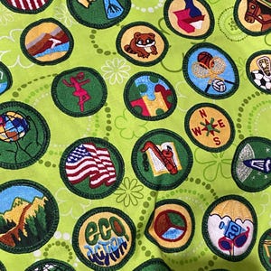 May include: Close-up of a fabric with various embroidered patches on a light green background. The patches feature images of a globe, a compass, a flag, and other designs. The patches are in a circular shape with a green border.