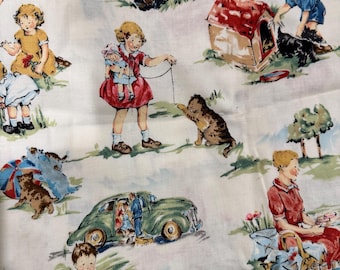 May include: Vintage fabric with a repeating pattern of children playing with pets and toys. The illustrations feature children in dresses and shorts, dogs, cats, a dog house, and a green car, all set against a light background.