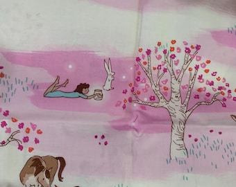 May include: A white fabric featuring a repeating pattern of pink watercolor-style horizontal bands. The print depicts various figures in blue clothing interacting with animals, including a rabbit, a horse, and a deer, alongside trees with pink flowers.