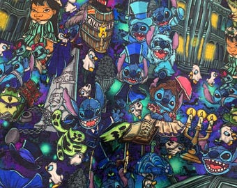 May include: A fabric print featuring a repeating pattern of blue alien characters in various costumes and poses, interspersed with haunted mansion architecture, candelabras, tombstones, and glowing green accents against a dark purple background.