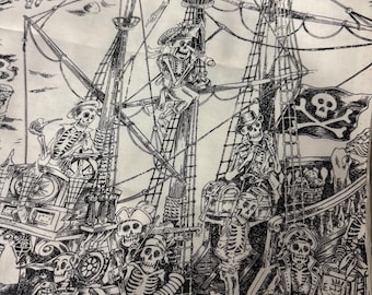 Alexander Henry 2015 Skelewags Skeleton Pirates Fabric Black White Sketch OOP HTF Quilting Cotton Fat Quarter RARE