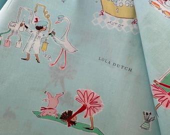 May include: Pale blue fabric with a quirky print of cartoon characters, such as a swan, pig, and a person in a lab coat. The fabric features the text "LOLA DUTCH" and "YOU ARE JUST TOO MUCH".