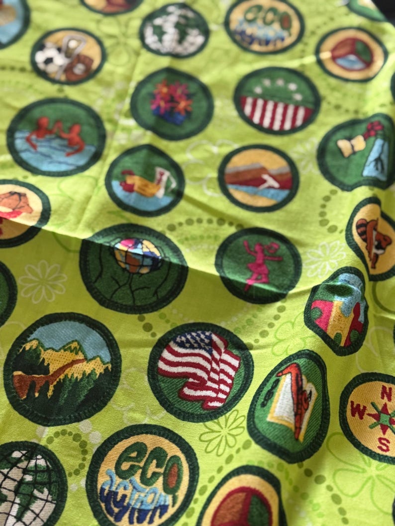 May include: A light green fabric with multiple embroidered patches. The patches are circular with various designs, including an American flag, mountains, and a compass. The fabric has a floral pattern.