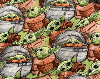 Baby Yoda Grogu Sketch Star Wars Mandalorian Cotton Lycra Knit RARE 1 yard OOP HTF
