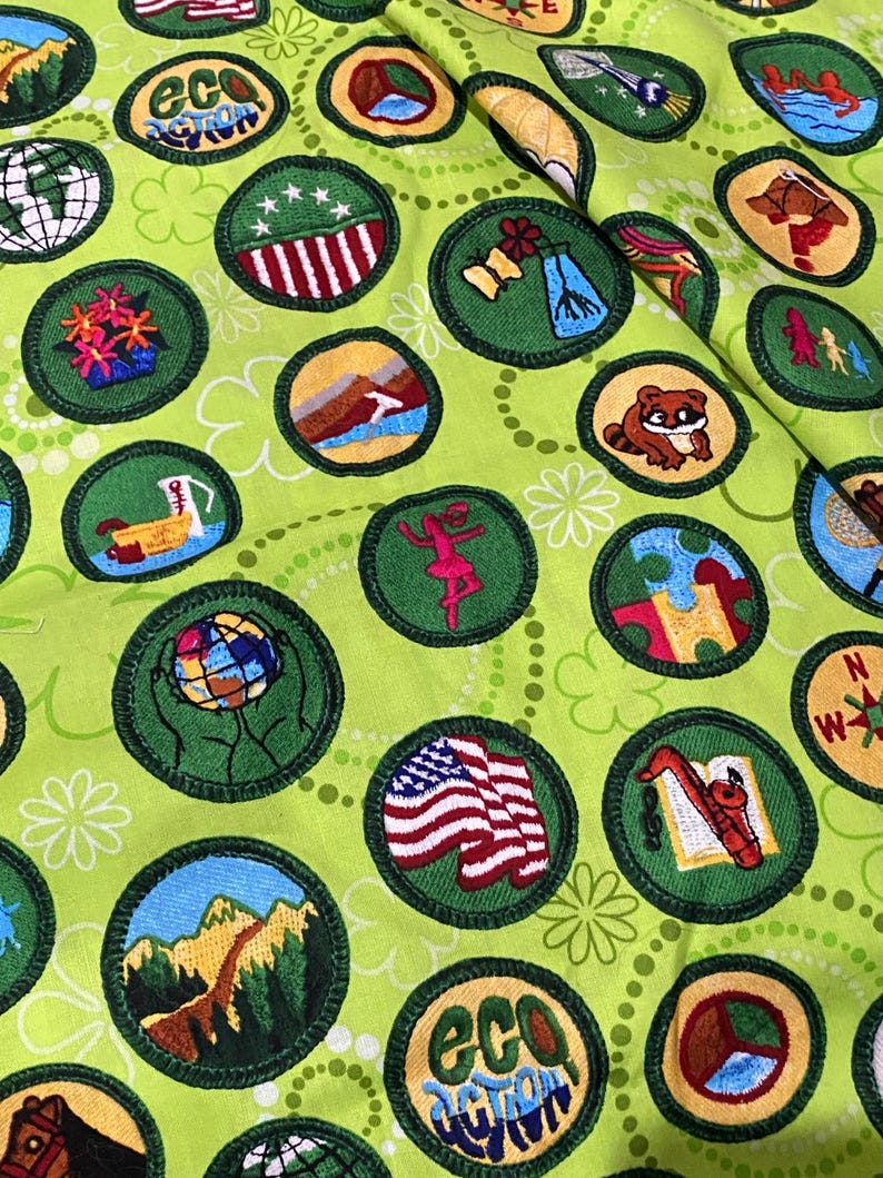 May include: Close-up of a light green fabric covered in embroidered patches. The patches are circular with green borders and feature various designs, including a globe, American flag, and a raccoon. The text "ECO ACTION" is visible on one patch.