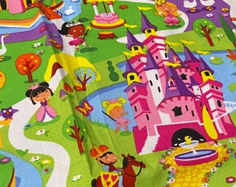 May include: A colorful fabric featuring a whimsical fairytale scene. The design includes a pink castle, winding paths, cartoon characters, trees, and a well. The background is a mix of blue, green, purple, and pink.
