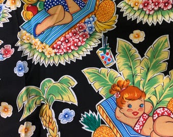 May include: A black fabric featuring a repeating pattern of figures lounging on blue beach chairs, surrounded by tropical elements including pineapples, palm trees, colorful flowers, and small glasses with straws. The figures wear swimsuits.