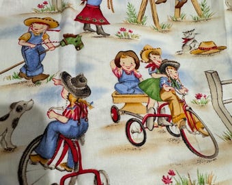 May include: Fabric with a repeating pattern of children playing on a farm. The illustrations include children riding bicycles, playing with a wooden horse, and interacting with farm animals like chickens and dogs. The color palette is soft and vintage.