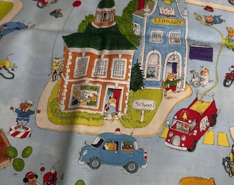 Last 1 Vintage Richard Scarry Fabric OOP HTF Quilting Cotton Children’s Book Rare Animal Fat Quarter Blue Town Print Orange Tonal coord