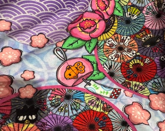 Sketchy Kawaii Kitty Japanese Parasol Umbrella Fabric Pink Cat Fabric OOP HTF Bamboo Lycra RARE 1.5 yard