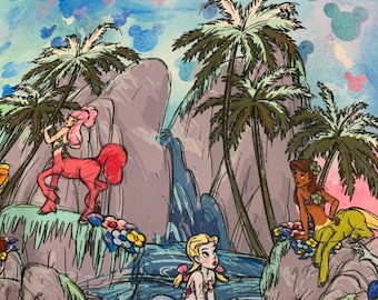 May include: A fabric print featuring a watercolor-style sky with scattered Mickey Mouse head silhouettes. The scene depicts three centaur-like figures in a tropical landscape with palm trees, rocky cliffs, a waterfall, and colorful flowers.