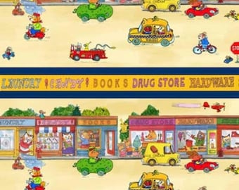 Tela vintage de Richard Scarry, descatalogada, difícil de encontrar, para acolchado, algodón, libros infantiles, tela rara con estampado de animales, fat quarter, borde de ciudad.