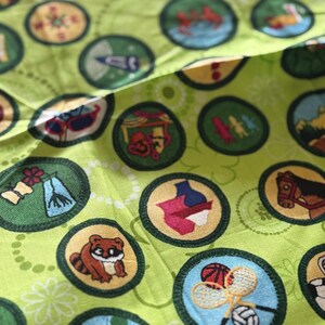 May include: Close-up of a light green fabric covered in circular patches with various embroidered designs. The patches feature images of a raccoon, a horse, a state outline, and sports equipment. The fabric has a floral pattern.