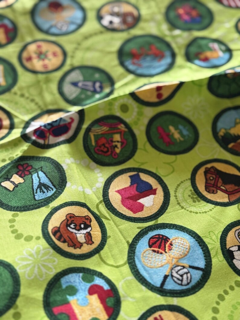 May include: Close-up of a light green fabric covered in circular patches with various embroidered designs. The patches feature images of a raccoon, a horse, a state outline, and sports equipment. The fabric has a floral pattern.