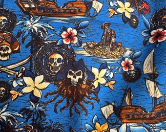 Pirates of the Caribbean Tropical Aloha Blue Skeleton Fabric HTF Quilting Cotton RARE Woven Fat Quarter