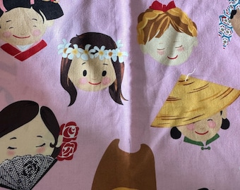 LAST Alexander Henry Smiles Around The World Pink Rare Fabric 2006 Small World Children’s fabric   OOP HTF Quilting Cotton
