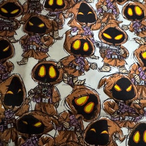 May include: A repeating pattern of cartoon Jawa characters in brown robes with black faces and glowing yellow eyes. The Jawa figures are depicted with various accessories and poses against a white background.