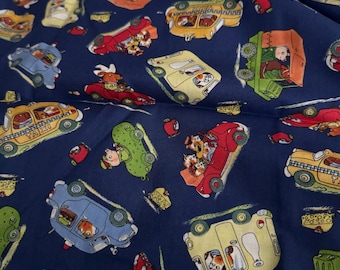 Vintage Richard Scarry Fabric OOP HTF Quilting Cotton Children’s Book Rare Animal Fabric 1/4 Quarter Yard Blue Cars Animal Characters