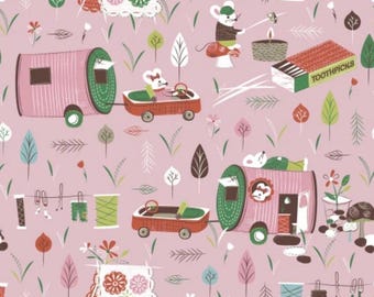 May include: A whimsical pattern featuring pink and green elements. The design includes illustrations of mice, miniature wagons, and trailers, set against a backdrop of stylized trees and flowers. The word "TOOTHPICKS" is visible on a box.
