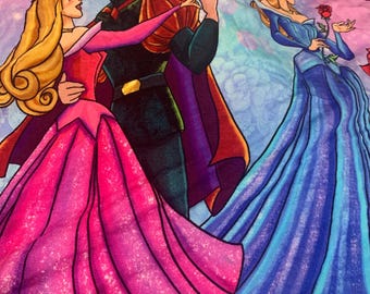 May include: Fabric featuring a repeating pattern of animated characters, including a couple dancing in a pink and black outfit, and a figure in a blue gown holding a red rose. The background is a light purple and blue watercolour wash with floral motifs.