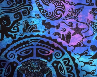 Maui Tattoo Blue Watercolor Moana Fabric Demigod OOP HTF Cotton CANVAS 1 yard