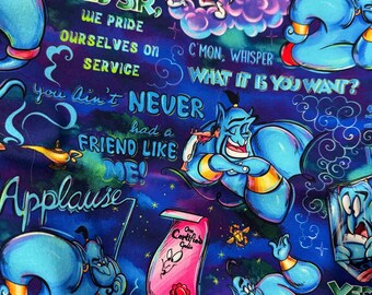 Genie Aladdin Fabric Quotes Fabric HTF Cotton CANVAS RARE  1 yard Words Lg