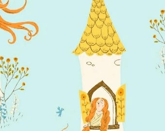 Heather Ross Far Far Away 2 Rapunzel Aqua Blue Fabric OOP HTF Quilting Cotton Rare Fat Quarter
