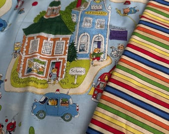 Vintage Richard Scarry Fabric OOP HTF Quilting Cotton Children’s Book Rare Animal Fabric Fat Quarter Blue Town Print stripe coordinate