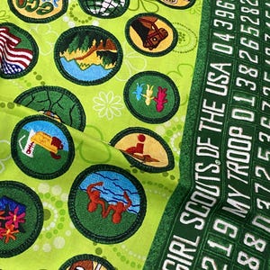 May include: Close-up of a green fabric with various Girl Scout patches and the text "GIRL SCOUTS OF THE USA". The patches feature different designs, including a globe, a horse, and a soccer ball.