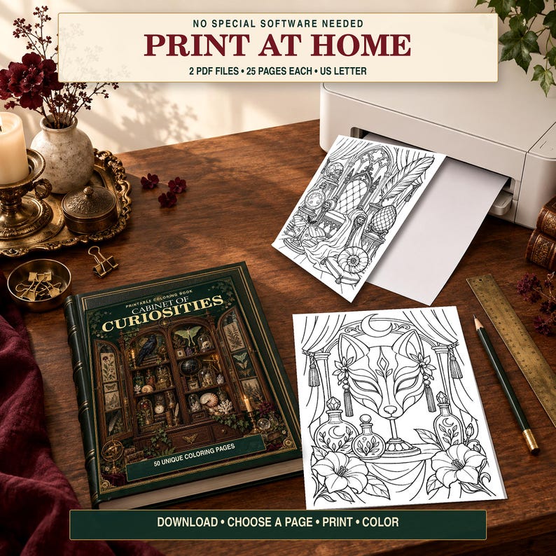 May include: A printable coloring book titled Cabinet of Curiosities with 50 unique pages, accompanied by two printed sheets featuring intricate line art of a throne and a fox mask, alongside a printer, a wooden ruler, and a pencil on a desk.