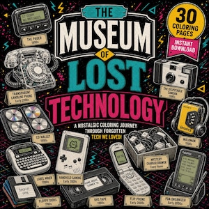 Op de afbeelding: Een kleurboekcover getiteld The Museum of Lost Technology met illustraties van elektronica uit de jaren 90 en 2000, waaronder een pager, vaste telefoon, cd-map, labelmaker, handheld gameconsole, diskettes, VHS-band, klaptelefoon en PDA.