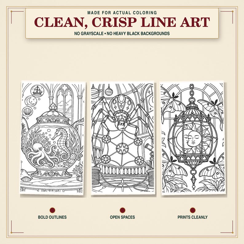 May include: Three rectangular coloring pages featuring black line art on white backgrounds. The text reads: MADE FOR ACTUAL COLORING, CLEAN, CRISP LINE ART, NO GRAYSCALE, NO HEAVY BLACK BACKGROUNDS, BOLD OUTLINES, OPEN SPACES, PRINTS CLEANLY.
