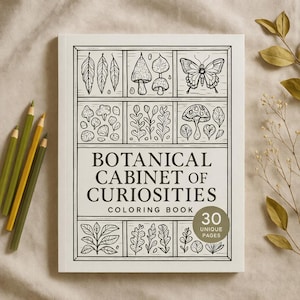 Botaniskt kuriosakabinett målarbok – Vintageväxter, svampar, kuriositeter, 30 sidor