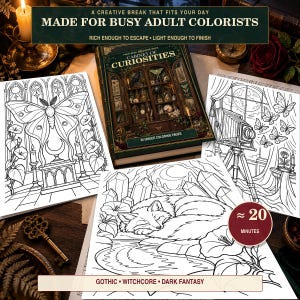 May include: A coloring book titled Cabinet of Curiosities with 50 unique pages, surrounded by three black and white line art coloring sheets featuring a moth, a sleeping fox, and a vintage camera, with text reading Made for Busy Adult Colorists.
