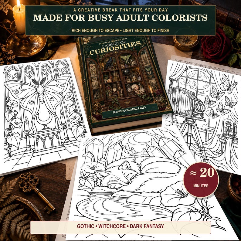 May include: A coloring book titled Cabinet of Curiosities with 50 unique pages, surrounded by three black and white line art coloring sheets featuring a moth, a sleeping fox, and a vintage camera, with text reading Made for Busy Adult Colorists.