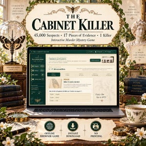 May include: A laptop displaying The Cabinet Killer interactive murder mystery game interface. The screen shows evidence, suspect lists, and game chapters. The surrounding area features a moth specimen, books, a magnifying glass, and a teacup.