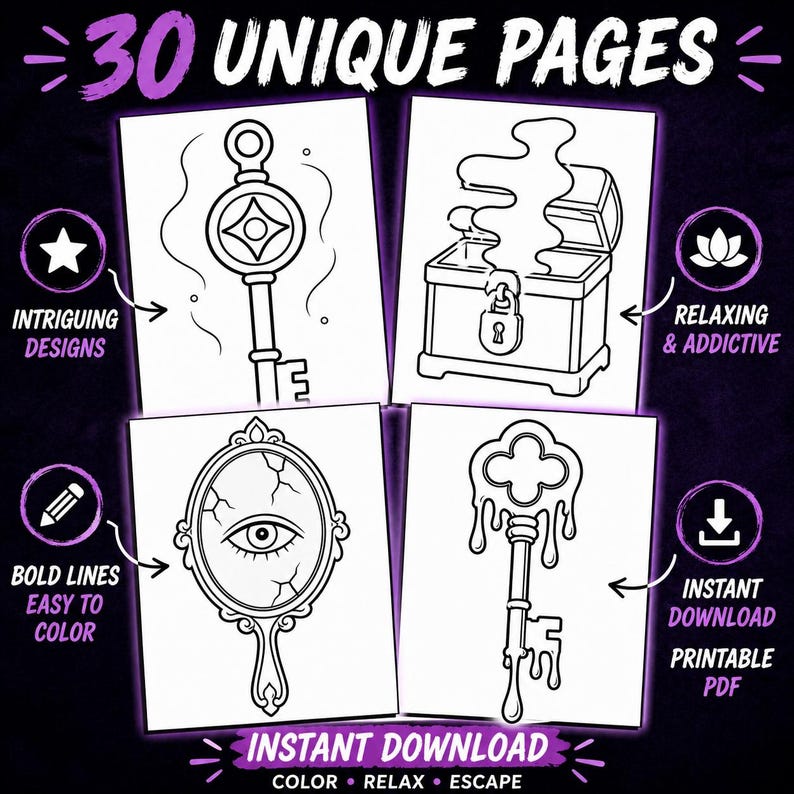 Forbidden Objects Coloring Book, 30 Unique Pages, Dark Gothic Relaxing ...
