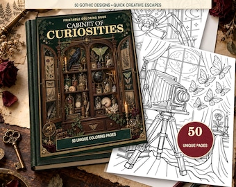 May include: A printable coloring book titled Cabinet of Curiosities featuring 50 gothic designs. The cover displays a dark wooden cabinet filled with specimens, while the interior pages show line art of a vintage camera and butterflies.