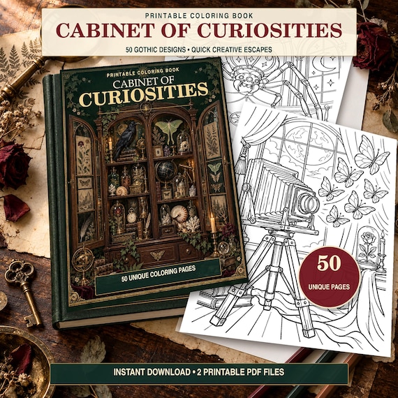 Cabinet of Curiosities Gothic Coloring Book | 50 Printable Pages for Adults