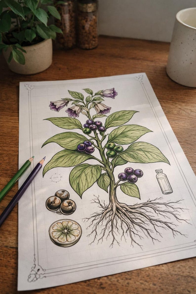 以下が含まれることがあります： 紫色の花、緑の葉、濃い色の実を持つ植物の、詳細な植物図。果物の断面図、小さなボトル、3つの果物も含まれています。2本の色鉛筆が左側にあります。