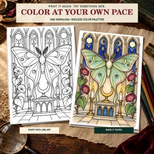 May include: Two coloring pages featuring a large moth centered above an altar with candles and climbing flowers. The left page is black and white line art, while the right page is fully colored with blue, green, and pink tones. Text reads: COLOR AT YOUR OWN PACE, ONE DOWNLOAD, ENDLESS COLOR PALETTES, START WITH LINE ART, MAKE IT YOURS.