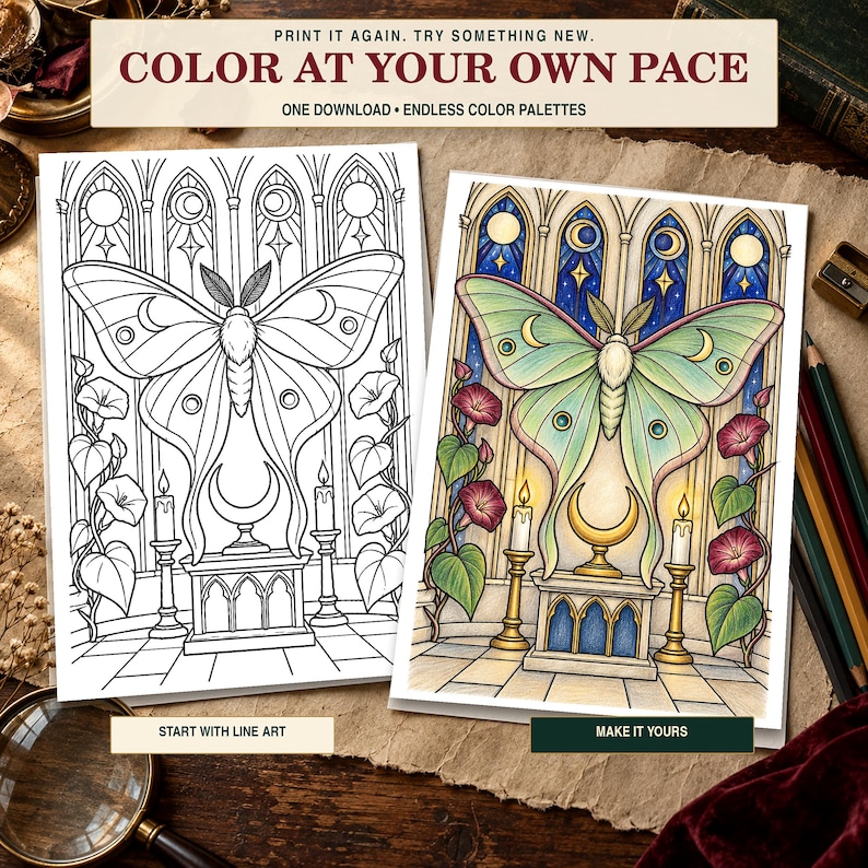 May include: Two coloring pages featuring a large moth centered above an altar with candles and climbing flowers. The left page is black and white line art, while the right page is fully colored with blue, green, and pink tones. Text reads: COLOR AT YOUR OWN PACE, ONE DOWNLOAD, ENDLESS COLOR PALETTES, START WITH LINE ART, MAKE IT YOURS.