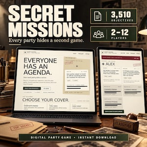 May include: A digital party game titled Secret Missions displayed on a laptop and tablet screen. The interface features text including Everyone Has An Agenda, Choose Your Cover, and Alex. A wooden stamp labeled Classified sits on the desk.
