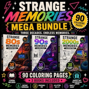 May include: A mega bundle of three coloring books titled "Strange Memories" featuring 80s, 90s, and 2000s themes. Each book contains 30 coloring pages, totaling 90 pages. The cover art includes retro imagery and text.