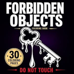 Libro para colorear de objetos prohibidos, 30 páginas únicas, estilo gótico oscuro y relajante, PDF imprimible.