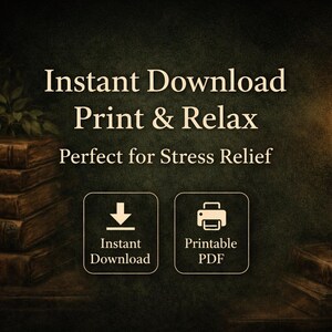 以下が含まれることがあります： 「Instant Download Print & Relax Perfect for Stress Relief」のテキストが入った画像。古い本の山、火の灯ったろうそく、インスタントダウンロードと印刷可能なPDFのアイコンが表示されています。